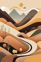 Abstract landscape illustration with forest, mountains, hill, tree. Curve nature shapes, Mid-Century Modern style. . photo