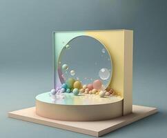 Illustrations. Colored soap bubbles on stage colorful podium decoration, pastel color, mock up product display. Abstract transparent bubbles. photo