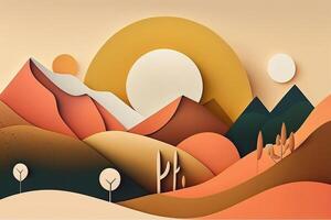 Abstract landscape illustration with forest, mountains, hill, tree. Curve nature shapes, Mid-Century Modern style. . photo