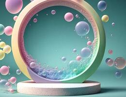 Illustrations. Colored soap bubbles on stage colorful podium decoration, pastel color, mock up product display. Abstract transparent bubbles. photo