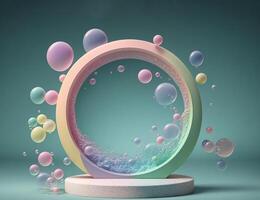 Illustrations. Colored soap bubbles on stage colorful podium decoration, pastel color, mock up product display. Abstract transparent bubbles. photo