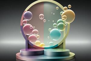 generativo ai ilustraciones. de colores jabón burbujas en etapa vistoso podio decoración, pastel color, burlarse de arriba producto mostrar. resumen transparente burbujas foto