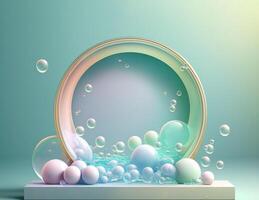 Illustrations. Colored soap bubbles on stage colorful podium decoration, pastel color, mock up product display. Abstract transparent bubbles. photo