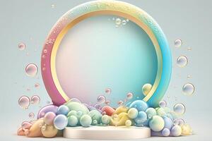 Illustrations. Colored soap bubbles on stage colorful podium decoration, pastel color, mock up product display. Abstract transparent bubbles. photo
