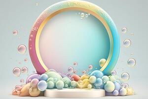 Illustrations. Colored soap bubbles on stage colorful podium decoration, pastel color, mock up product display. Abstract transparent bubbles. photo