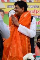 New Delhi, India - March 27 2023 - Piyush Goyal Cabinet Minister and core member of Bharatiya Janata Party - BJP during a rally in support of BJP candidate ahead of MCD local body Elections 2022 photo