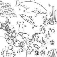 Vector illustration of mermaids, fish, coral reefs and under sea for coloring page, coloring book, etc