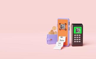 mobile phone or smartphone with qr code scanning,payment machine,pos terminal,electronic bill,wallet,coin isolated on pink background.online shopping concept,3d illustration,3d render photo