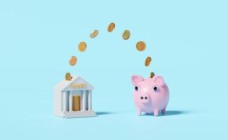 pink piggy bank with bank or tax office building,coin isolated on blue background.saving money concept,3d illustration,3d render photo