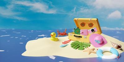 summer travel with yellow suitcase, ,island,camera,alarm clock, duck,sandals,palm leaf,lifebuoy,sunglasses,hat,starfish,shellfish isolated on blue sky background,concept 3d illustration,3d render photo