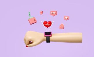 Smart watch wrist with hologram blood pressure heart rate app monitor, social media, like notifications, envelope, wallet isolated on purple. valentine day concept, 3d illustration, 3d render photo