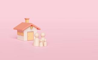 Wooden doll figures with house, family figure isolated on pink background. happy family, protection, mortgage loans concept, 3d illustration, 3d render photo