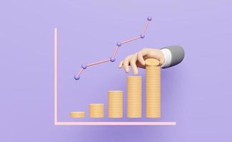 character businessman hands holding coin with charts and graph, pile stacked coin isolated on purple background. saving money, business growth, fund, interest concept, 3d illustration or 3d render photo