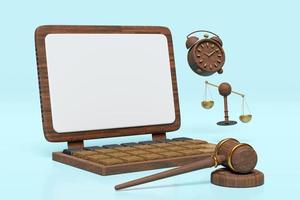 3d wooden laptop with blank computer screen, judge gavel, hammer auction, clock, justice scales isolated on blue background. template, mockup concept, 3d render illustration, clipping path photo