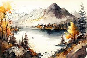 Watercolor landscape with mountains, forest and river in front. beautiful landscape. photo