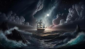 Landscape of a storm in the sea. Dramatically ominous sky with moon. A large sailboat on huge waves. photo