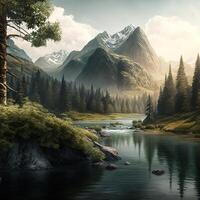 landscape with mountains, forest and a river in front. beautiful scenery. photo