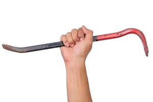 Crowbar in male hand isolated on white background photo