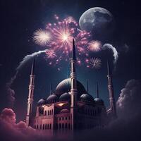 ai generativo hermosa eid Mubarak Arábica islámico antecedentes y bandera diseño. foto