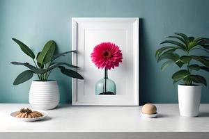 Minimal White Picture Frame Canvas Display With Flower in Vase photo