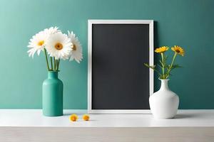 Minimal White Picture Frame Canvas Display With Flower in Vase photo