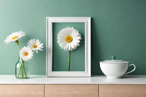 Minimal White Picture Frame Canvas Display With Flower in Vase photo