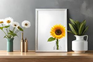 Minimal White Picture Frame Canvas Display With Flower in Vase photo