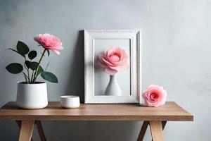 Minimal White Picture Frame Canvas Display With Flower in Vase photo