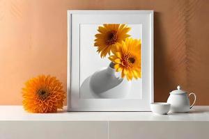mínimo blanco imagen marco lona monitor con flor en florero foto