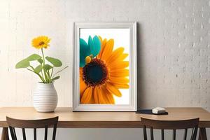 Minimal White Picture Frame Canvas Display With Flower in Vase photo