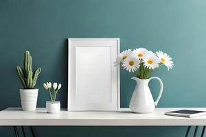 Minimal White Picture Frame Canvas Display With Flower in Vase photo