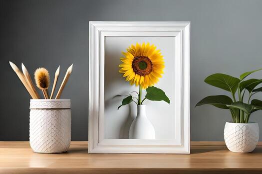 Minimal White Picture Frame Canvas Display With Flower in Vase photo