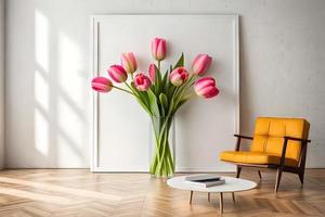 Minimal White Picture Frame Canvas Display With Flower in Vase photo