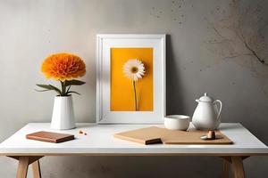 Minimal White Picture Frame Canvas Display With Flower in Vase photo