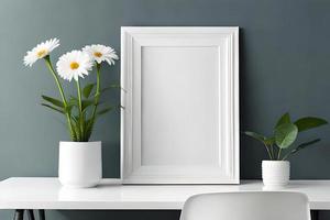 Minimal White Picture Frame Canvas Display With Flower in Vase photo