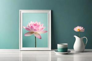 Minimal White Picture Frame Canvas Display With Flower in Vase photo