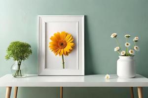 Minimal White Picture Frame Canvas Display With Flower in Vase photo