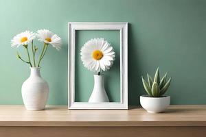 Minimal White Picture Frame Canvas Display With Flower in Vase photo