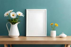 Minimal White Picture Frame Canvas Display With Flower in Vase photo