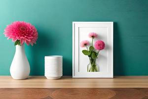 Minimal White Picture Frame Canvas Display With Flower in Vase photo