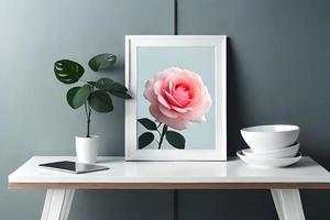 Minimal White Picture Frame Canvas Display With Flower in Vase photo