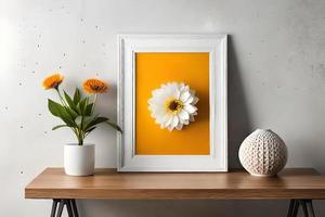 Minimal White Picture Frame Canvas Display With Flower in Vase photo