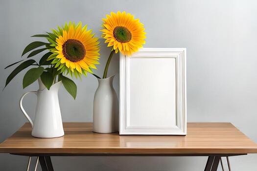 Minimal White Picture Frame Canvas Display With Flower in Vase photo