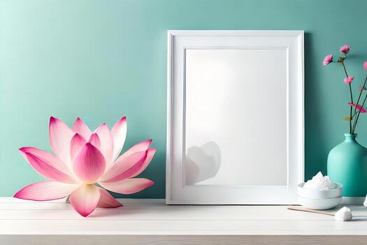 Minimal White Picture Frame Canvas Display With Flower in Vase photo
