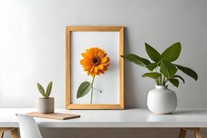 Minimal White Picture Frame Canvas Display With Flower in Vase photo