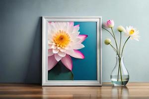 Minimal White Picture Frame Canvas Display With Flower in Vase photo