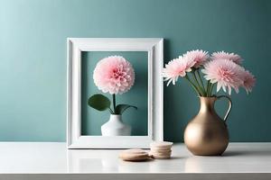 Minimal White Picture Frame Canvas Display With Flower in Vase photo