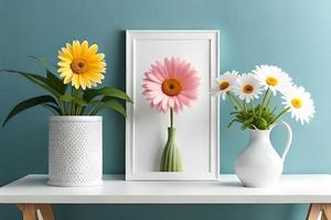 Minimal White Picture Frame Canvas Display With Flower in Vase photo