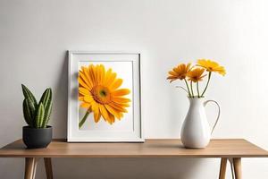 Minimal White Picture Frame Canvas Display With Flower in Vase photo