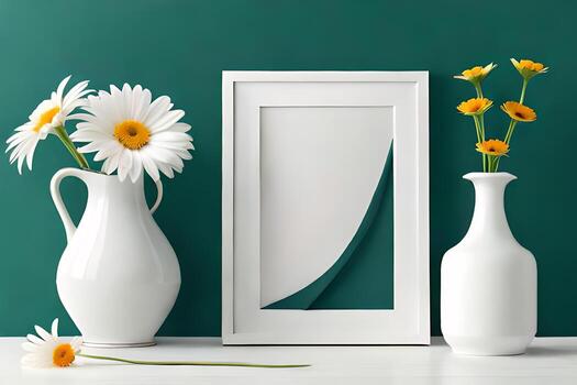 Minimal White Picture Frame Canvas Display With Flower in Vase photo